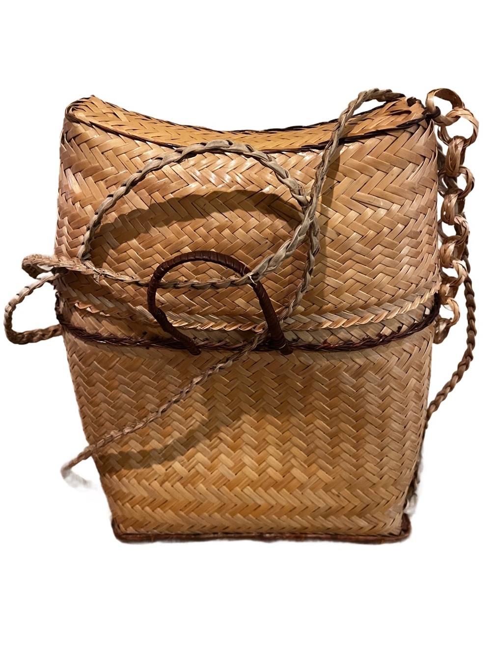 Vintage Filipino Basket Backpack Carrier Bag Handmade Woven Rattan Pasiking